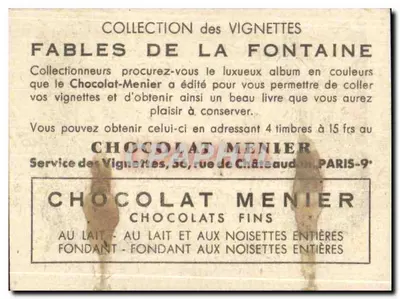 Gato e rato — cena de fábula — Coleção das Vignettes Fábulas de La Fontaine, editada por Chocolat Menier, n° 88 — Verso