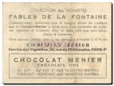Fabula La Fontaine — Czarny ptak na gałęzi — Chocolat Menier, nr 4 — Rewers