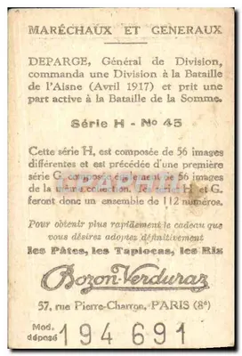 Geral DEPARGE — Coleção BOZON-VERDURAZ, Série H n°45 — Verso