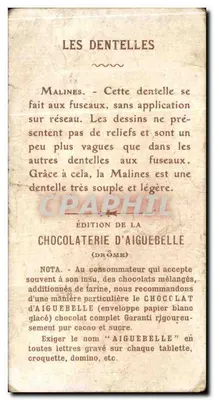 Femme à la machine à dentelles — scène de fabrication — éditeur CHOCOLATERIE D'AIGUEBELLE, n° 9 MALINES — Verso