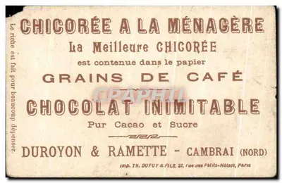 Chicorée à la Ménagère — publicité pour papier grains de café — éditeur Duroyon & Ramette, Cambrai (Nord) — Verso