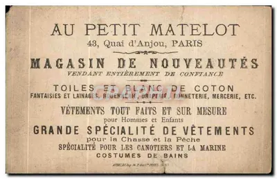 Fille en costume marin — devant un jardin — éditeur AU PETIT MATÉLOT, 43, Quai d'Anjou — PARIS — Verso