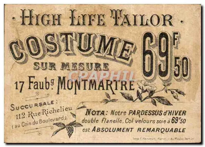 High Life Tailor — terno sob medida por 69 fr. 50 — B. Moloch, editor — Verso