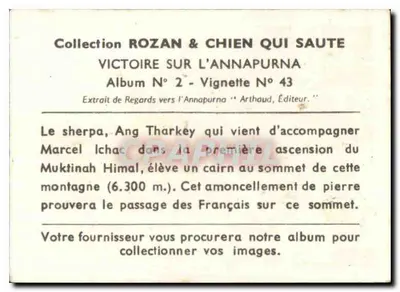 Sherpa Ang Tharkey — Beclimming van de Annapurna — Collectie Rozan & Chien Qui Saute, Album N°2, Vignette N°43 — Achterkant