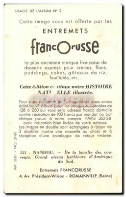 Nandou — Ave herbívoro da América do Sul — Entremets Francoruisse n°241 — Verso