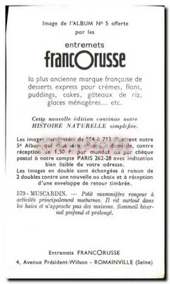 Muscardin — Pequeno mamífero roedor — Entremets FrancOrusse, n°579 — Verso