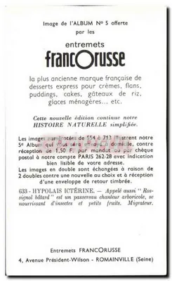 Hypolais Ictérine — Hypolais icterina — entremets francOrusse, n° 633 — Verso