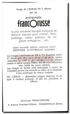 Lérot — Mamífero roedor onívoro — Entremets FrancOrusse, n°613 — Reverso