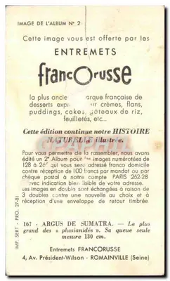 Argus — Ptak z Sumatry — Entremets Francorusse, n°167 — Rewers