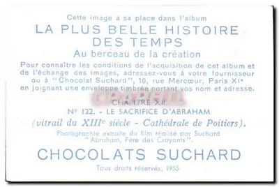 O sacrifício de Abraão — vitral do século XIII — Catedral de Poitiers — Chocolats Suchard, n° 122 — Verso
