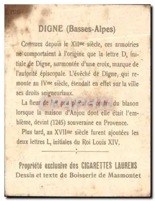 Digne (Basses-Alpes) — Escudo das Cidades da França — Coleção de Cigarros Laurens — Verso