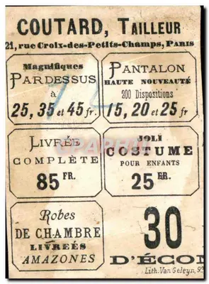 Coutard, Costureiro — 21, rue Croix-des-Petits-Champs, Paris — Lith. Van Geleyn, 99 — Verso