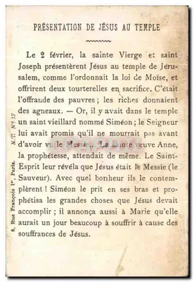 Przedstawienie Jezusa w Tempelu — N.T. Nr 17 — Wydawca N. T. Paris — Rewers