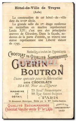 Obrazek czekolady Guerin Boutron Hotel de Ville w Troyes — Rewers