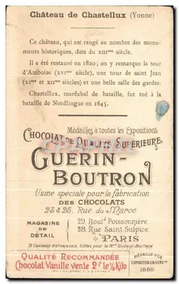 Castelo de Chastellux — Yonne — Chocolat Guérin-Boutron, n°39 — Verso