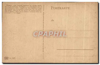 Bingen — widok panoramiczny rzeki Rhenu i wzgórz — wydawca Artstüff Karten, n° 107 — Rewers