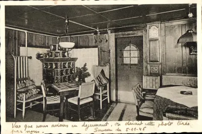 Interior de uma pensão alpina — Gasthof-Pension Alpenrose, Mittelberg 1218 m — editor Deutsche Landes- u. Kulturbilder-Werbebild, Berlin-Zehlendorf