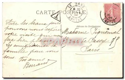 Tarjeta postal antigua Le Mans Vista hacia el Teatro — Reverso