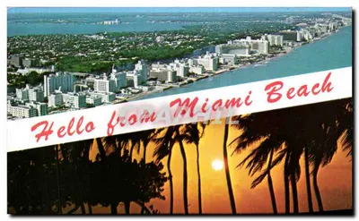 Vista aérea de Miami Beach — pôr do sol e palmeiras — Koppel Color Cards, Hawthorne, N.J.