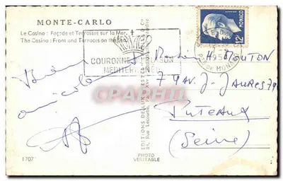 Kasyno w Monte-Carlo — Fasada i Terrasy nad Morzem — Wydawca Étob, nr 1907 — Rewers