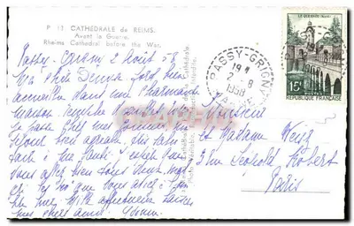 Catedral de Reims — Antes da Guerra — Editor Graphphil, n° P 13 — Verso