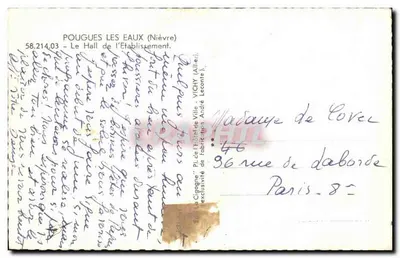 Sala do Estabelecimento La Cigogne — Pouguès-les-Eaux (Nièvre) — Editor André Leconte, n° 58.214.03 — Verso