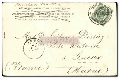 Jovem mulher em vestido adornado com penas — cartão postal de coleção — editor 'Printed Master' n°66 — Verso