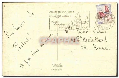 Deux enfants à la plage — scène de plage avec table et verre — éditeur Château-Gontier — Rewers