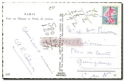 Ponte do Cambio e Palácio de Justiça — Paris — Editor Estel, n°219 — Verso