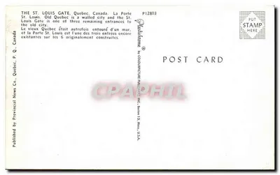 Porta Saint-Louis — Québec, Canadá — editor Provincial News Co. n° P12803 — Verso