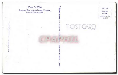 Porto Rico — Cena de praia diante do hotel Caribe Hilton — Matias Photo Shops, San Juan, P.R. — Verso