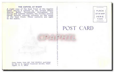 Le Capitole à la nuit — concert de la Marine des États-Unis — éditeur U.S. Capitol Historical Society, n° K-15374 — Verso
