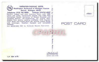 Detroit: Sheraton-Cadillac Hotel — ilustração futurista com carros voadores — editor Plastichrome — Verso