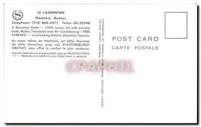 Hotel Laurentien — Sheraton Hotel — Montréal, Québec — Verso