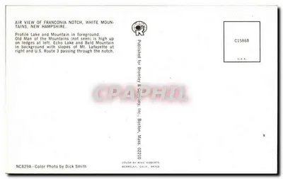 Vista aérea, Franconia Notch, White Mountains, N.H. — Publicado para Bromley & Company, Inc., Boston, Mass. 02210 — Reverso