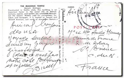 Templo Maçônico de Detroit — Michigan — editor Hiawatha Card by Colourpicture Publ. Inc. — Verso