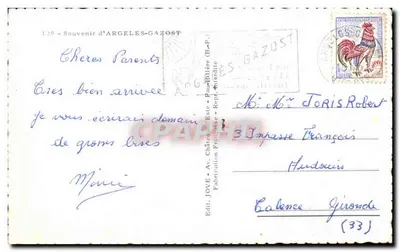 Argelès-Gazost — Lembrete de Argelès-Gazost — Editor JOVE, Pau-Béthière — Verso