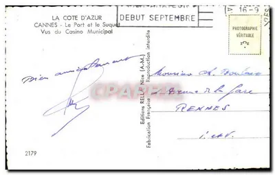 Cannes - Port i Suquet — Widok z kasyna miejskiego — Wydawnictwo RELLAS Nice, nr 2179 — Rewers