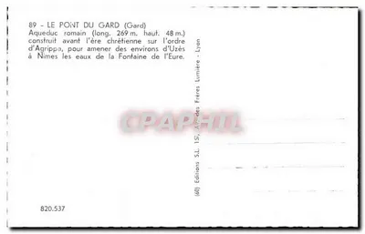 O Pont du Gard — Aqueduto romano — Edições dos Irmãos Lumière, Lyon, n° 820.537 — Verso