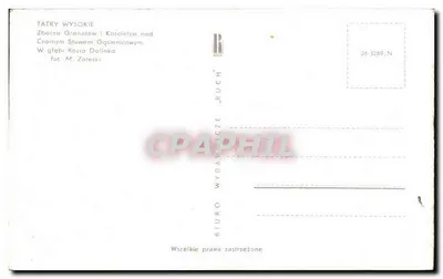 Tatras elevados — Zbocza Granatów e Kościelica sobre o Lago Negro Gąsienicowym, no fundo da Vale dos Cabritos — editor 'RUCH' e n° 26-3289, N — Verso