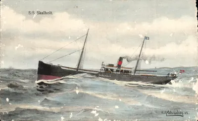 S/S Skalholt — navire à vapeur en mer — dessin d'Olaf Gillhvardson, n°03