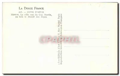 Menton — widok z Cap Martin, w oddali Massif des Alpes — La Douce France, n°228 — Rewers