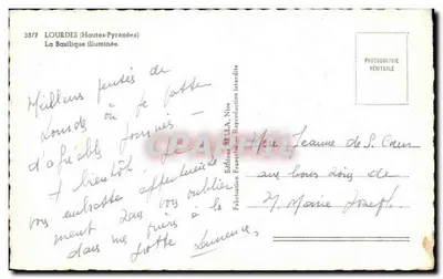Lourdes (Hautes-Pyrénées) — A Basílica iluminada — Éditions Rella, Nice, n°3377 — Verso