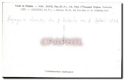 Lourdes — Museu N.-D. de Lourdes e o castelo-forte — Édit. JOVE, Pau — Verso