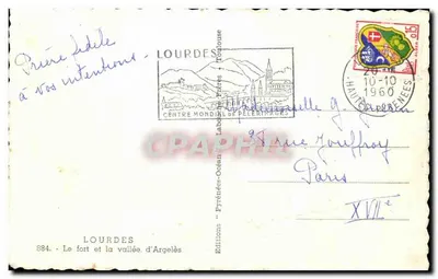 Stara pocztówka Lourdes — Fort i dolina Argeles — Rewers
