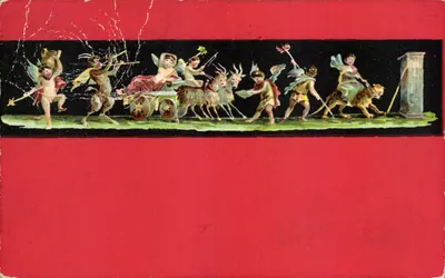 Chariot de Cupidon — scène mythologique avec satyres et animaux — éditeur POMPER - Baccanale di Vettini, n° 1085/9