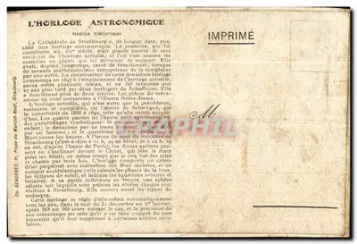 CARTE SYSTEME Strasbourg L'Horloge Astronomique — Rewers