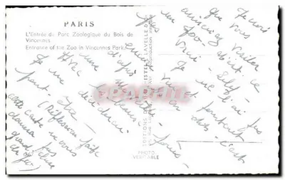Entrada do Parque Zoológico do Bois de Vincennes — Paris — Editor Estel, n° 267 — Verso