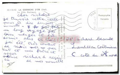 Bilhete postal antigo A Corniche D'Or A Costa Rochosa — Verso