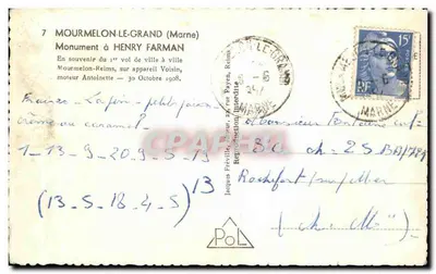 Bilhete postal antigo Mourmelon le Grand Monument a Henry Farman Aviação Aviator — Verso